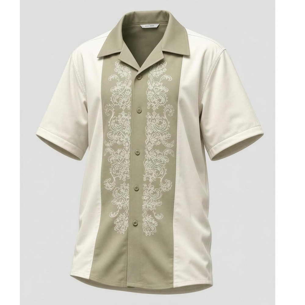 NWT Pronti Men's Size Large Beige Embroidered‎ Short Sleeve Button-Up Shirt